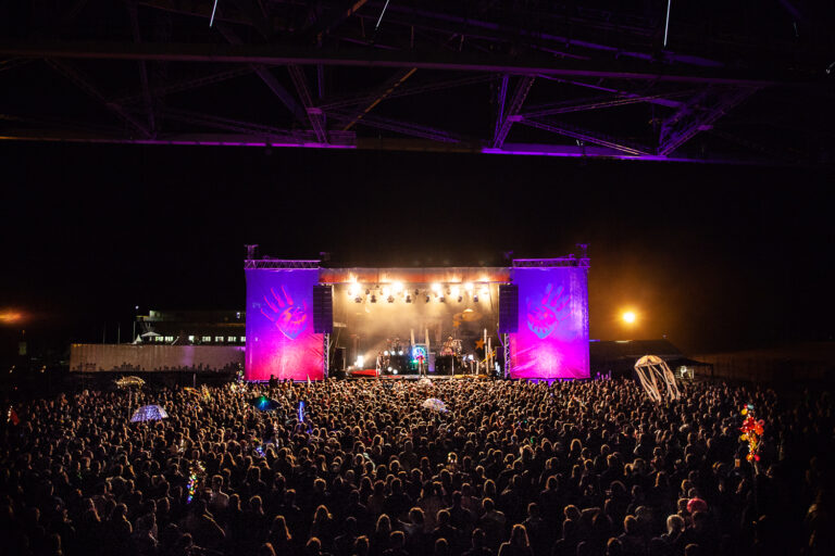 A large crowd of people attending an outdoor night concert with a band performing on stage, illuminated by stage lights with purple banners featuring handprints on either side of the stage.
