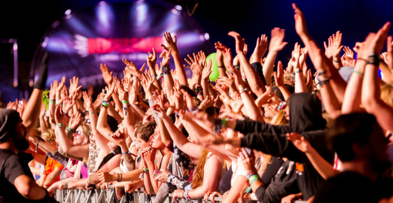A vibrant crowd of concertgoers with raised hands, cheering under stage lights at a live music event.