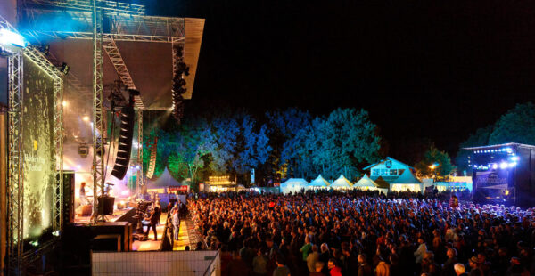 Outdoor music festival at night with a crowd of people watching a live performance on a large stage, illuminated by stage lights with surrounding trees lit in blue tones.