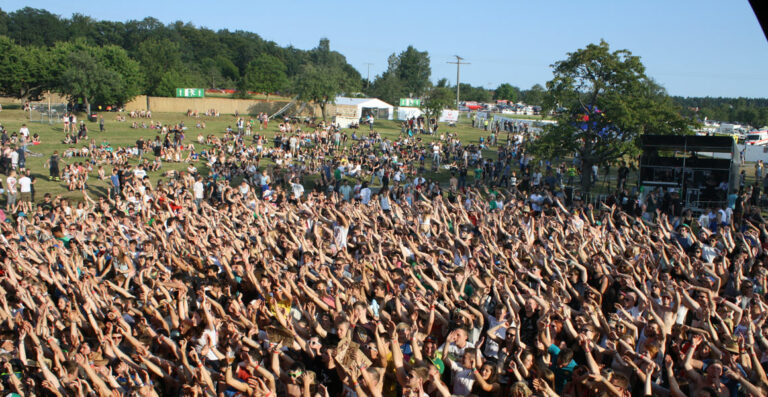 A large outdoor music festival crowd with many people raising their arms in a sunny, grassy area with trees and festival infrastructure in the background.