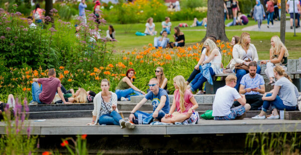 Young adults relaxing and socializing on a wooden deck with blooming orange flowers in the foreground at a park.