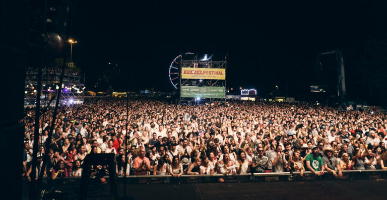 A large crowd of people at an outdoor music festival at night, with a lit stage in the background and a Ferris wheel to the side.