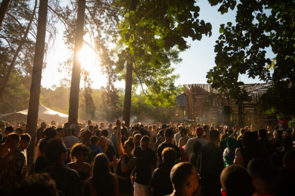 A crowd of people gathered in a sunlit forest with rays of light filtering through the trees, creating a hazy atmosphere at an outdoor event.