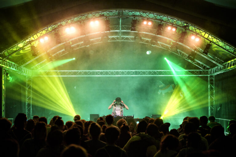 A concert scene with a performer on stage illuminated by green and yellow stage lights in front of a crowded audience.
