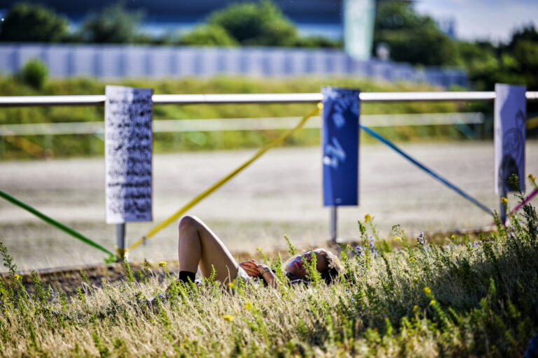 A person is lying in tall grass behind a series of metal barriers adorned with banners, in a setting with industrial structures in the background.