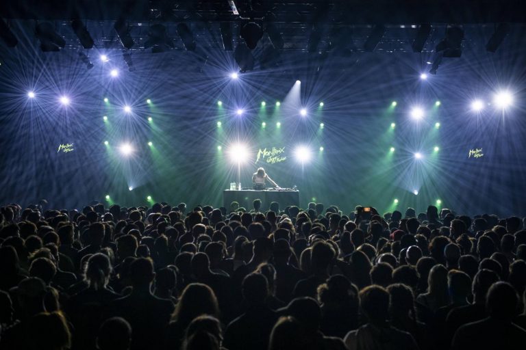 Marc Rebilet performing at a music event with a crowd of people facing the stage, illuminated by bright stage lights and a vibrant light show.