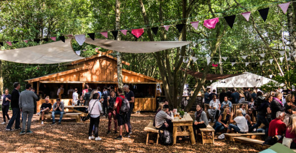 Outdoor festival setting with people socializing around wooden tables, a wooden food stall, and decorations including bunting flags among trees.