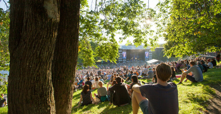 Outdoor concert scene with a large crowd sitting on a grassy hill in a park, enjoying a live performance with a stage in the background featuring large screens, surrounded by trees with sunlight filtering through the foliage.