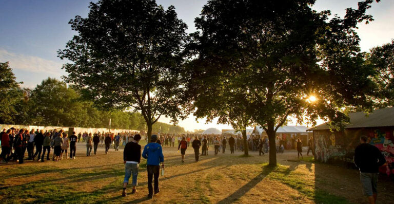 People walking through a park during a sunset at a festival, with trees casting long shadows on the ground.