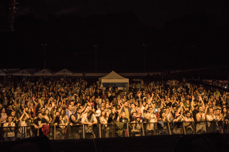 A crowd of people at an outdoor concert cheering and clapping at night.