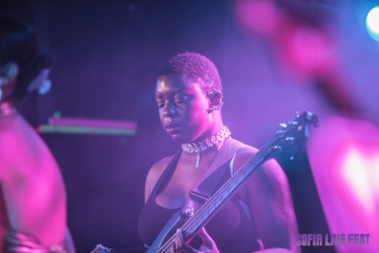 A focused bass guitarist performing on stage, highlighted by pink and blue stage lighting, with blurred background and foreground elements suggesting a live music setting. The watermark 