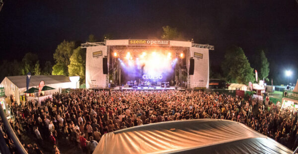 Outdoor music festival at night with a large crowd in front of a stage displaying the name 