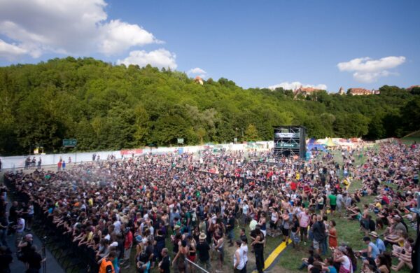 A large outdoor music festival crowd in a natural amphitheater with a stage in the distance, surrounded by trees on a sunny day.