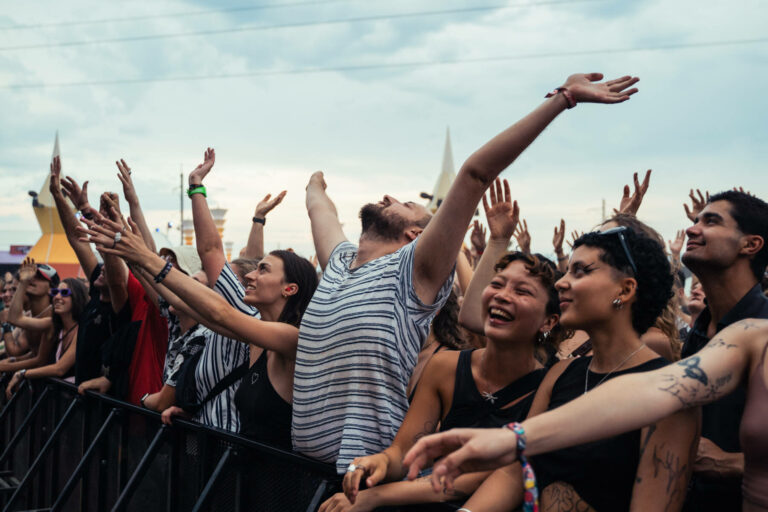 A crowd of enthusiastic concertgoers with raised arms, cheering and enjoying an outdoor live music event.