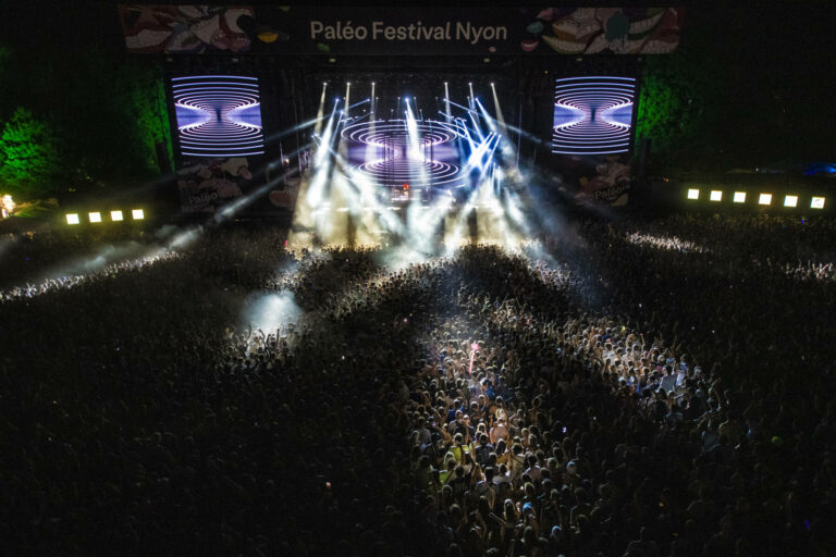 A large crowd of concert-goers enjoying a night performance at the Paléo Festival Nyon, illuminated by stage lights and big screen visuals.