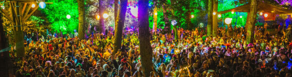 A panoramic view of a vibrant outdoor night festival with a large, dense crowd of people surrounded by trees illuminated by colorful lights.
