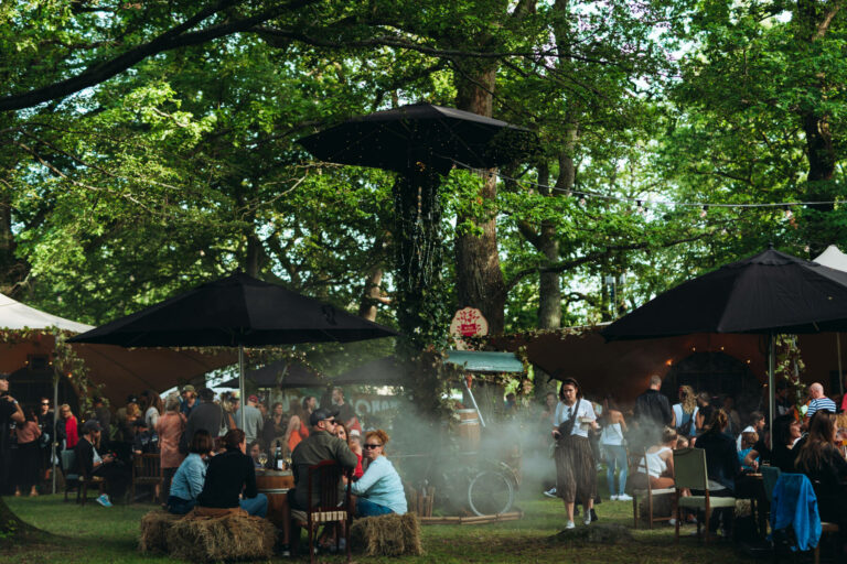 Outdoor gathering with people socializing under large umbrellas and trees, with string lights and a food truck in the background.