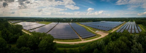 A panoramic aerial view of a large solar farm with rows of photovoltaic panels amidst green forests under a cloudy sky.