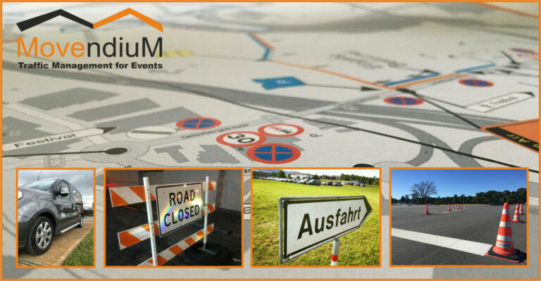 Collage image featuring various traffic management elements for events, with the MovendiuM company logo and slogan 