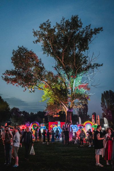 People gathered at an outdoor evening event with vibrant, illuminated sculptures and decorations, featuring a large tree with colorful lights and whimsical eye designs.