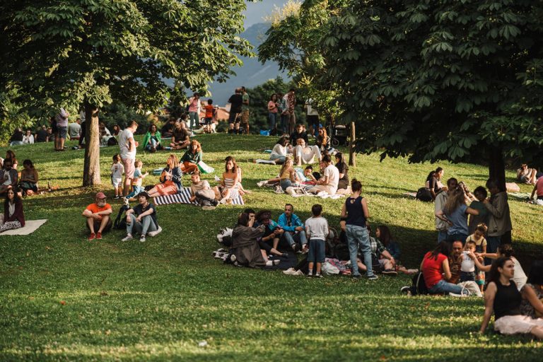 Groups of people relaxing and socializing on a sunny day in a park with trees and green grass.