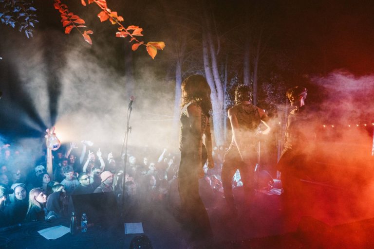 Band members perform on stage in front of an enthusiastic audience with stage lights and smoke effects at an outdoor night-time concert.
