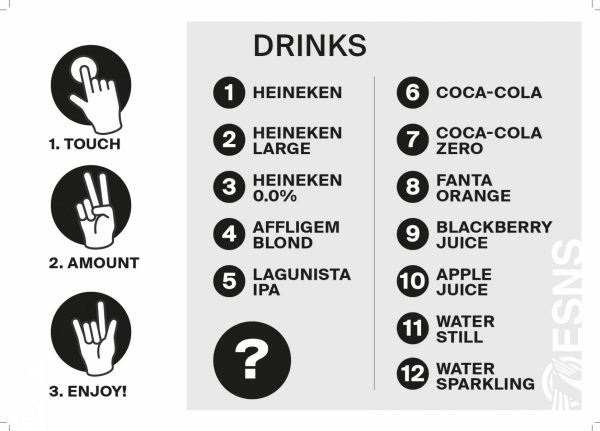 Infographic with instructions and drink menu: Left side shows three illustrated hand signals labeled "1. TOUCH," "2. AMOUNT," and "3. ENJOY!" Right side lists drinks numbered 1 to 12 with options like Heineken, Coca-Cola, and various juices. A question mark in a circle is shown at the bottom of the left column.