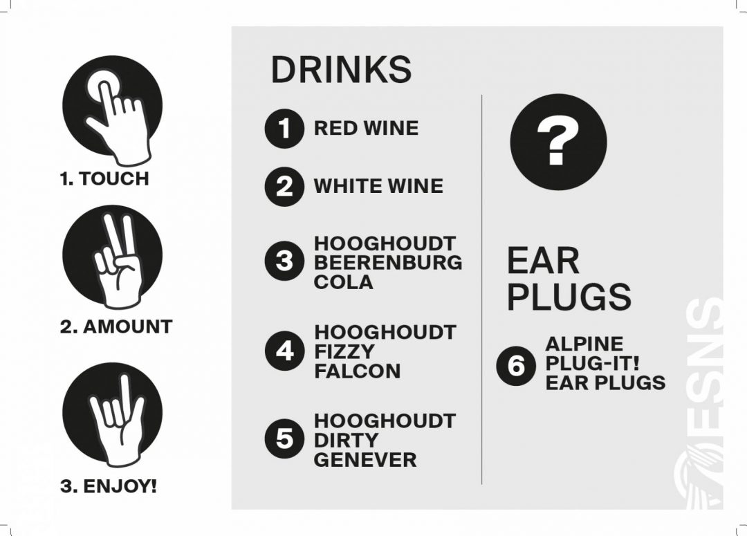 An informational poster divided into three sections displaying hand gestures for "Touch," "Amount," "Enjoy," a drink menu with selections like red wine, white wine, and various mixes, and a section on ear plugs of the "Alpine Plug-It!" brand.