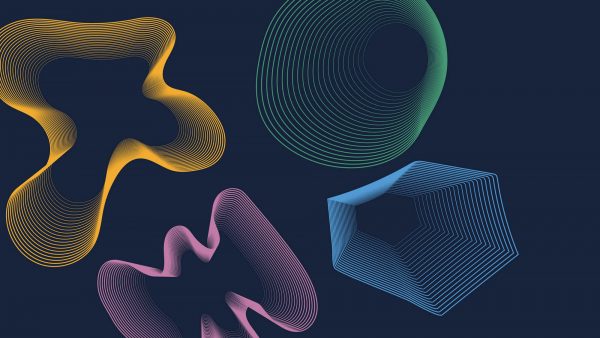 Abstract graphic with fluid, colorful lines forming various shapes on a dark blue background.