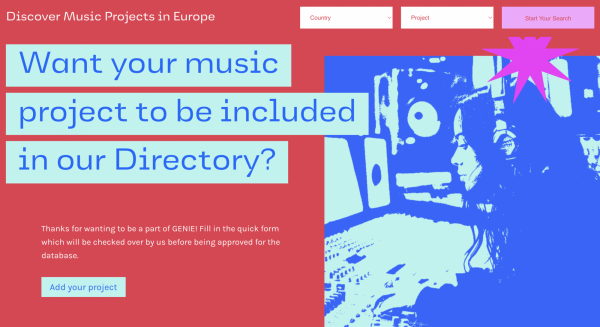 Promotional website page for a music project directory in Europe called GENiE, featuring text invitations for submissions and search options, with a colorful, stylized image of a person using recording equipment.