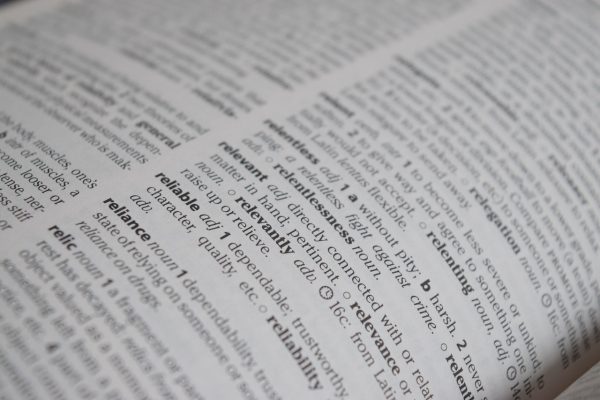 A close-up view of an open dictionary showing the definitions of words such as 
