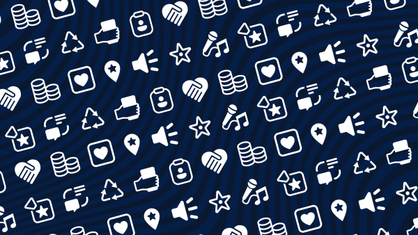 Pattern of various white icons on a dark blue background, including coins, hearts, microphones, stars, recycling symbols, megaphones, pin points, handshakes, avatars, and thumbs-up.