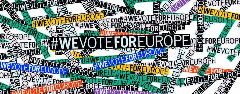 #WEVOTEOREUROPE in various colored text on overlapping backgrounds