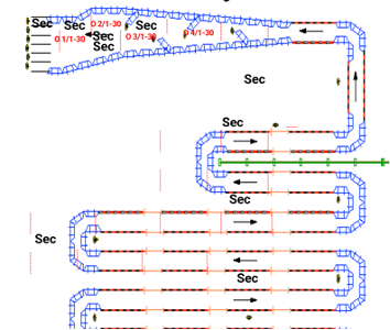 Diagram with a winding path labeled with time intervals, sections marked "Sec," and directional arrows.