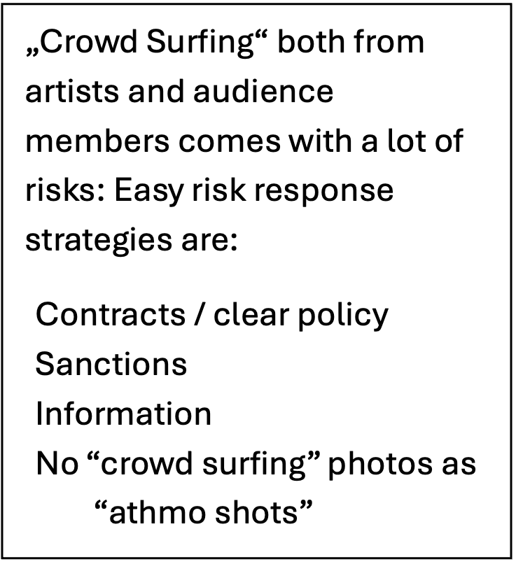 "‘Crowd Surfing’ both from artists and audience members comes with a lot of risks: Easy risk response strategies are: Contracts / clear policy, Sanctions, Information, No ‘crowd surfing’ photos as ‘athmo shots’"