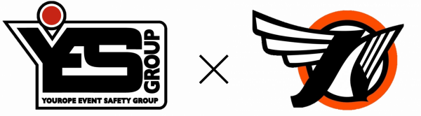 Logos of Yourope Event Safety Group and an abstract design with wings and an orange circle background.