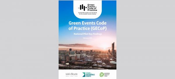 Cover page of the 'Green Events Code of Practice (GECOP) National Pilot Key Findings' report, dated February 2025, featuring a city skyline at sunset and logos of Julie's Bicycle, Vision for Sustainable Events, and Andrew Lansley.