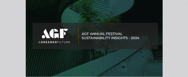 Promotional image for AGF Annual Festival Sustainability Insights 2024, featuring the AGF logo and a background of a building with trees.