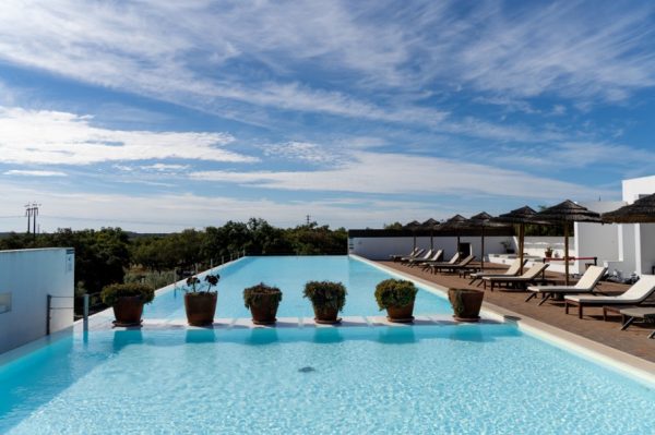 Outdoor infinity swimming pool with six potted plants floating on a narrow platform, lounge chairs with thatched umbrellas aligned on the right deck, and a partly cloudy blue sky above.