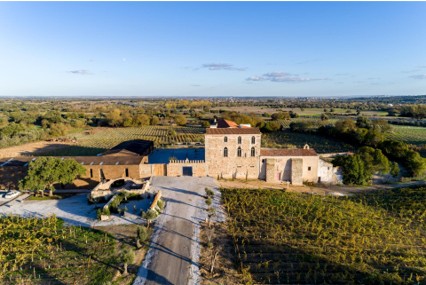 Aerial view of a historic stone building surrounded by farmland and vineyards under a clear blue sky with scattered clouds.