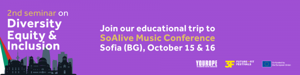 Promotional banner for the 2nd seminar on Diversity Equity & Inclusion and an educational trip to SoAlive Music Conference in Sofia, Bulgaria on October 15 and 16, with logos for Yourope, Future-Fit Festivals, and the European Union.
