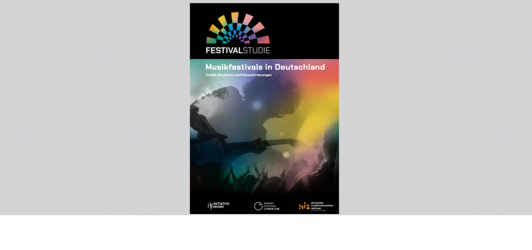 Cover of a study titled Musikfestivals in Deutschland featuring a silhouette of a guitarist playing on stage with a crowd below and colorful abstract light effects in the background, along with logos of Initiative Musik, Bundes Stiftung LiveKultur, and Deutsches MusikInformationsZentrum.