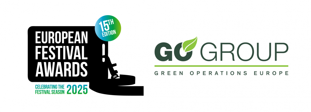 Logos for the European Festival Awards 15th edition celebrating the 2025 festival season and the GO Group (Green Operations Europe) with a green leaf symbol above the letter O in GO.