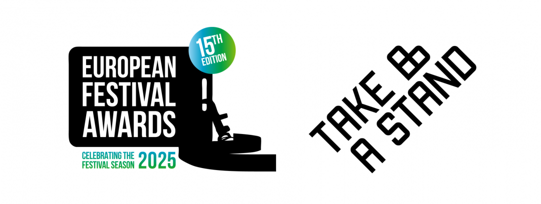 Logo for the European Festival Awards 15th edition celebrating the festival season 2025 featuring bold text within a black rounded rectangle and a green-blue circle highlighting '15th edition', accompanied by the phrase 'Take a Stand' arranged diagonally with a heart symbol.