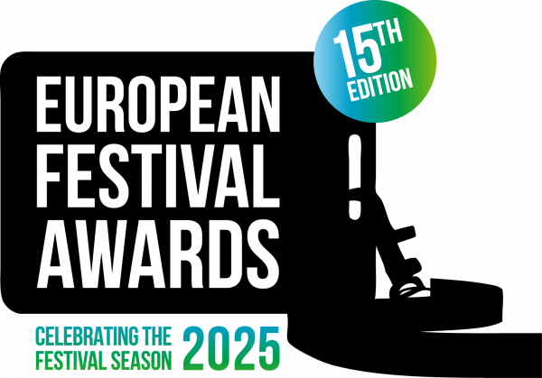 European Festival Awards logo with text celebrating the 15th edition and the 2025 festival season, featuring a stylized award trophy silhouette.