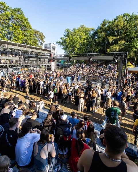 Large crowd of people watching an outdoor event inside a fenced cage in a park with trees and blue sky.