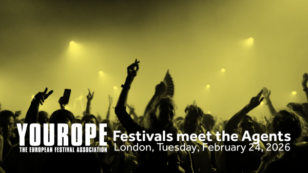 Crowd at a festival raising hands in yellow-lit venue with text about YOUROPE European Festival Association event in London, February 2026.