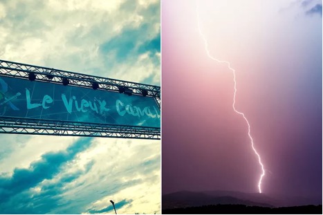 A cloudy sky with a streetlamp underneath a sign reading "Le Vieux Canal" alongside a scene of lightning striking a dark mountainous horizon.