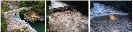 Three images showing a river under a stone bridge transitioning from calm and clear water to heavy flooding with turbulent muddy water.