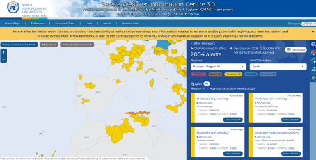 Map of early weather alerts from the Severe Weather Information Centre 3.0 website, highlighting regions in Spain with moderate rain warnings and one amber alert area.